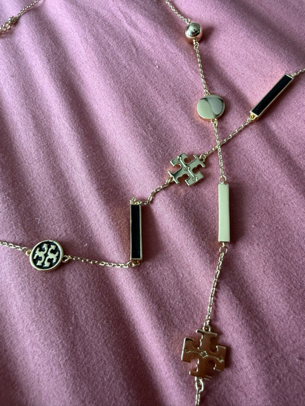 Tory Burch | Gold Plated Logo & Black Enamel Long Station Necklace